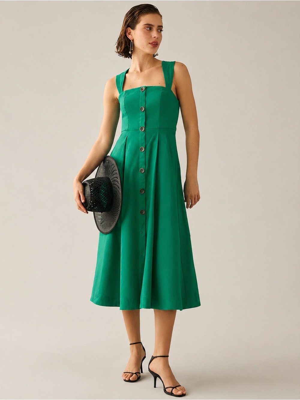 Anthropologie Maeve Square-Neck Buttondown Midi Dress Green Size 14